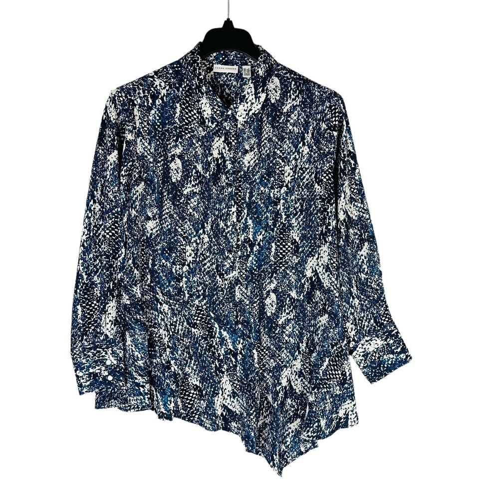 Susan Graver Womans Sz 1X Plus Blouse Animal Long Sleeve Asymmetrical Blue